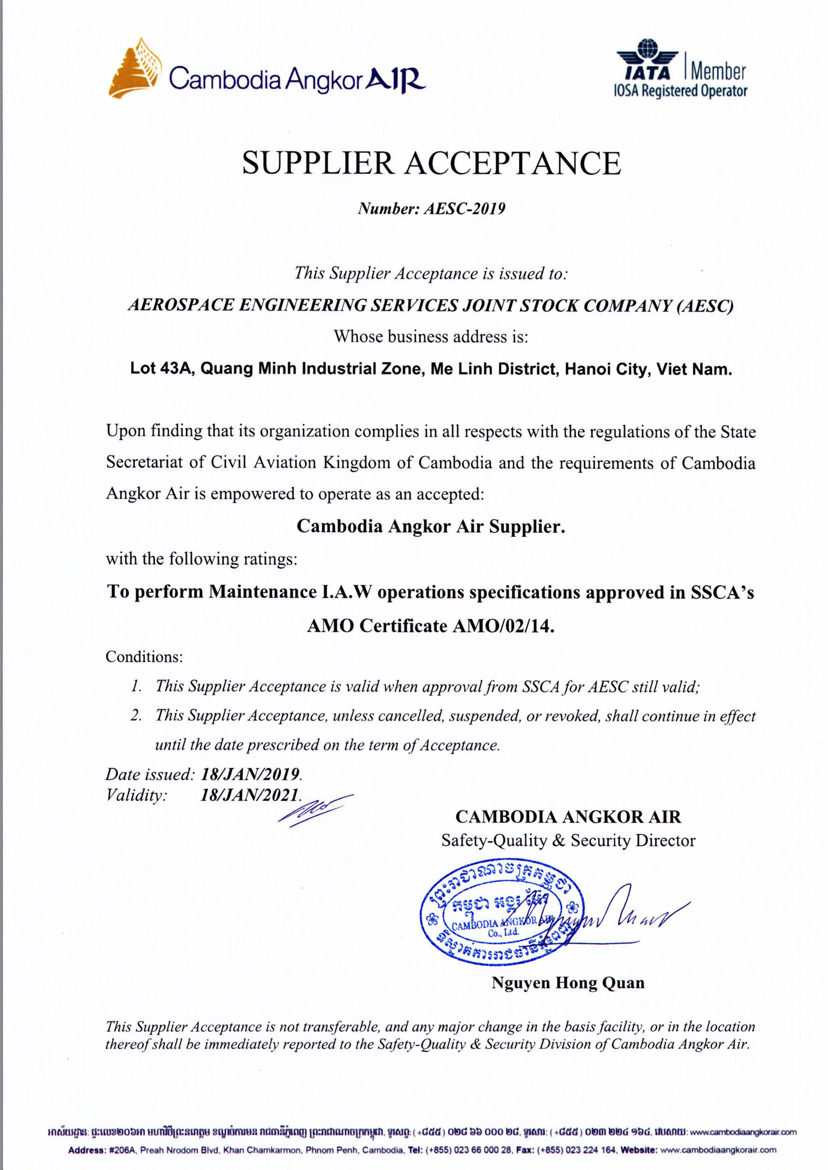 Cambodia Angkor Air Supplier Acceptance